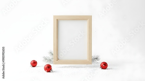 Minimal blank photo frame on a pure white background with subtle Christmas accents