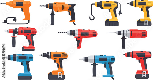 Power Drill Tool Vector Set with Electric Cordless Drilling Machines Different Models Construction Equipment Collection for Repair Workshop and Industrial Design