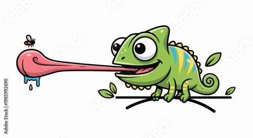 Cartoon chameleon with long tongue catching a fly on a branch