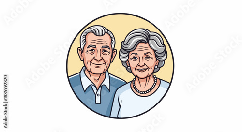 Cartoon portrait of an elderly couple with grey hair, smiling in a circle