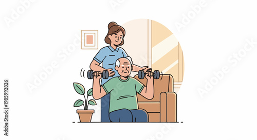 Caregiver assists elderly man doing bicep curls with dumbbells indoors