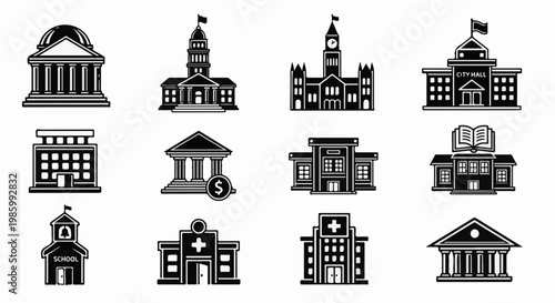 Collection of stylized black and white icons representing various public buildings and institutions