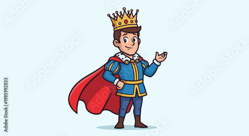 Cartoon prince in blue uniform, gold crown, red cape, presenting