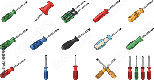 Screwdriver collection with flat and Phillips head tools in various colors hand tools set for repair vector illustration