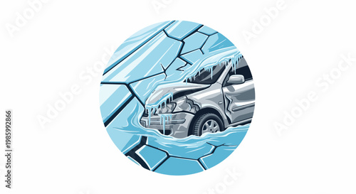 Car trapped in ice with icicles and cracks in frozen water