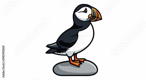 Cartoon puffin bird with bright beak standing on a grey rock