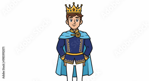 Cartoon prince in crown and royal blue attire with gold trim and cape