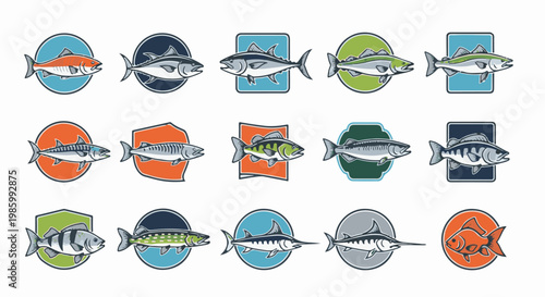 Collection of stylized fish icons in various shapes and colors