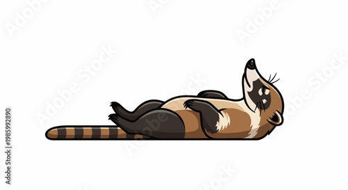 Cartoon coati animal lying on its back with a striped tail
