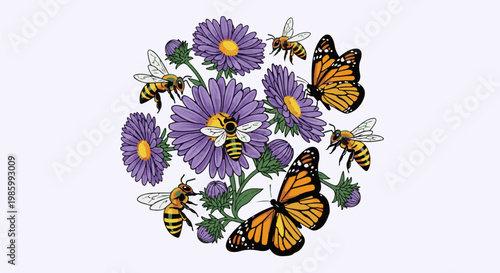 Butterflies and bees buzzing around purple flowers in circular arrangement