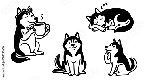 Siberian Husky Dogs Pet Lifestyle Cartoon Black  White Line Art Vector Set