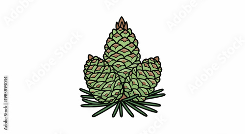 Cluster of green pine cones with brown accents, on green needles
