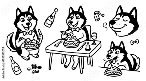 Black  White Line Art of Husky Dogs Enjoying a Luxury Celebration Dinner with Drinks