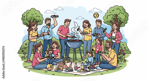 Cheerful diverse family enjoys a sunny outdoor barbecue picnic in a park