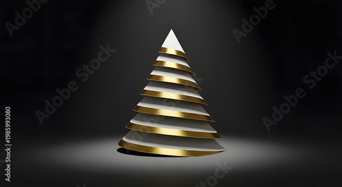Elegant Christmas greeting card scene with stylized tree made from layered gold-accented paper stripes