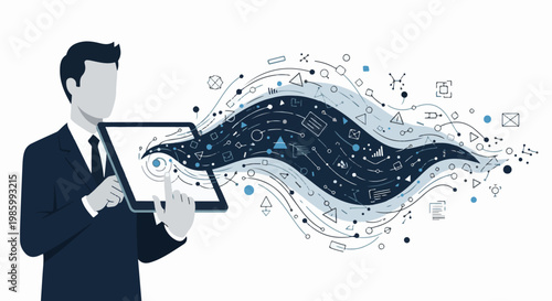 Businessman interacting with a digital interface displaying data streams and abstract graphics