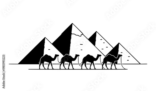 Camels Walking in Front of Pyramids Black and White Desert Travel Silhouette Vector Illustration