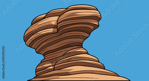 Cartoon rock formation with layered brown strata against a bright blue sky