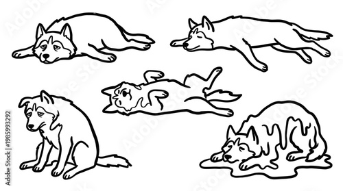 Funny Tired and Melting Husky Dogs Black and White Line Art Collection