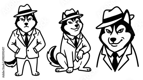Husky Detective in Suit and Hat, Black and White Line Art