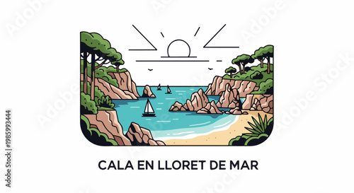 Coastal cove with sailboats, cliffs, sandy beach, trees, and a stylized sun