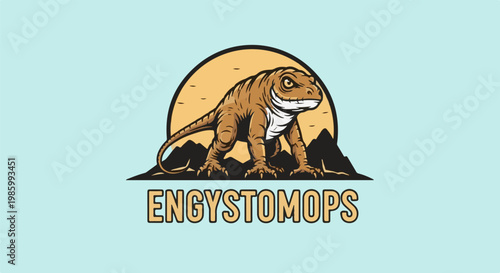 Cartoon reptile with a sunset and mountains behind it