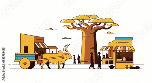 Bullock cart loaded with goods passes market stalls under a large baobab tree