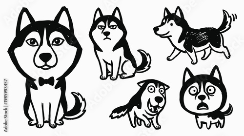 Black and White Line Art Cute Husky Dogs Cartoon Collection