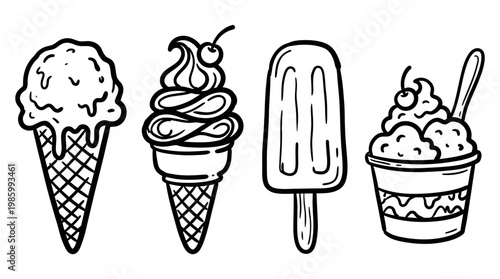 Black and White Line Art Ice Cream Cone, Popsicle, Cup Desserts