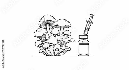 Bunch of mushrooms next to a vial and syringe