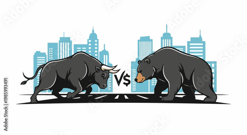 Bull and bear facing off in front of a city skyline
