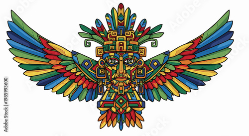 Colorful feathered deity with human face and outstretched wings