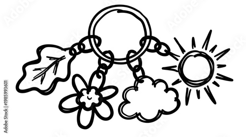 Hand-Drawn Nature Elements Keychain Doodle Line Art - Seasonal Keyring Charms: Leaf, Flower, Cloud, Sun
