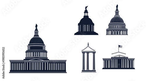 Several dark blue illustrations of architectural buildings, including domes, pillars and rectangular shapes