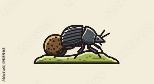 Cartoon beetle pushing a round ball of dirt across a green grassy mound
