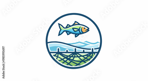 Circular emblem with fish, sea, and fishing net