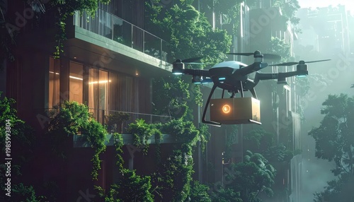 Futuristic Drone Delivery to a Lush Green Eco-Friendly Home.