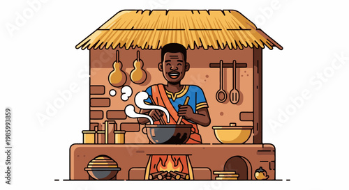 Cheerful person cooking over a fire in a thatched hut