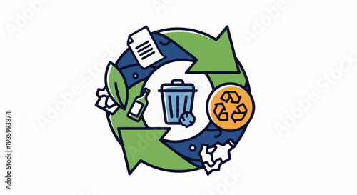 Circular flow depicting recycling symbols, waste bin, bottle, and crumpled paper