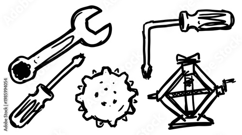 Black and White Line Art Tools: Wrench, Screwdrivers, Gear, Jack
