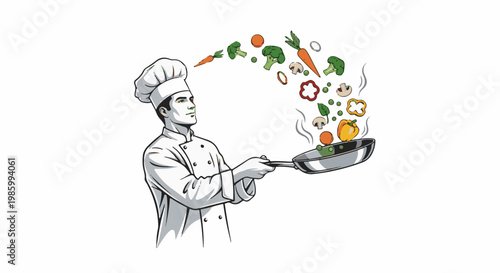 Chef tossing vegetables in a frying pan, cooking up a storm