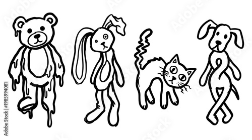 Creepy Distorted Animals Black  White Line Art Doodle Set: Bear, Rabbit, Cat, Dog