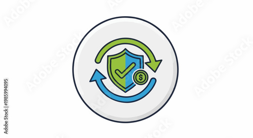 Circular icon with a shield, checkmark, coin, and arrows