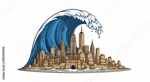 Cartoon wave crashing over a sandcastle cityscape