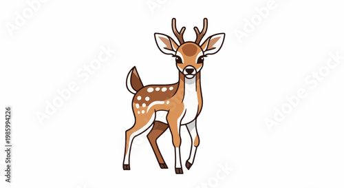 Cartoon fawn with spots and antlers stands on white background