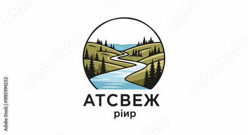 Circular logo depicting a winding river through green hills and trees