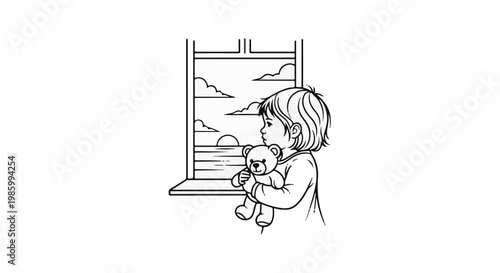 Child holding teddy bear looking out window at sunrise over ocean