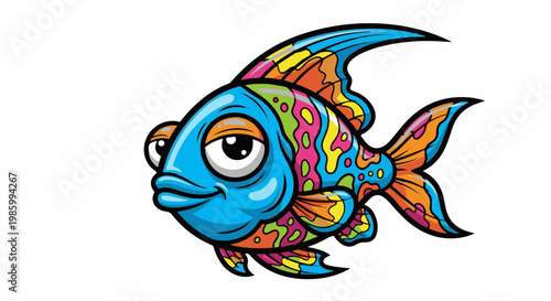 Cartoon fish with vibrant, psychedelic patterns and big, friendly eyes