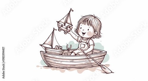 Child in a rowboat with toy boat and paddle, sailing