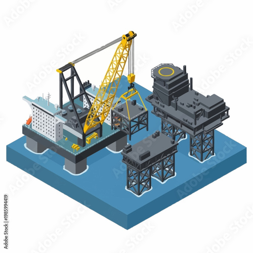 Offshore oil rig platform with crane and support structures.